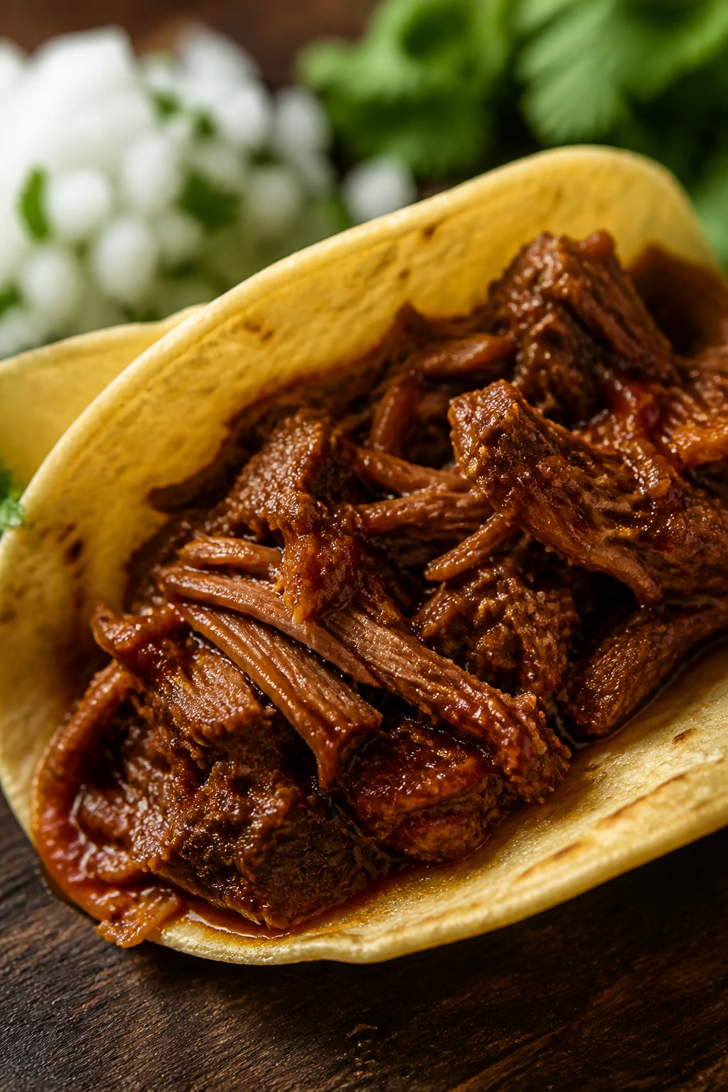Close-up of barbacoa beef taco on a warm tortilla.