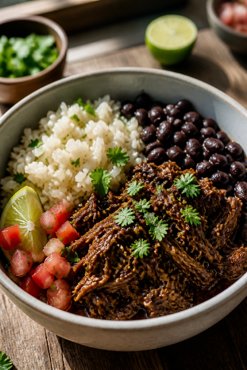 Slow cooker barbacoa burrito bowl with beef and rice