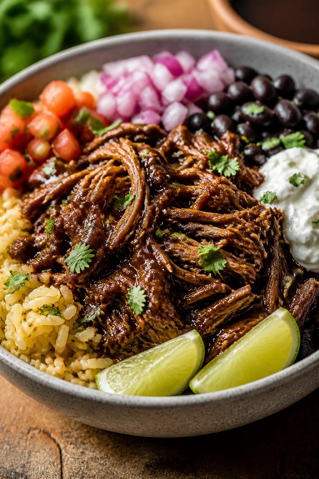 Close-up of barbacoa burrito bowl with beef and lime in a kitchen setting