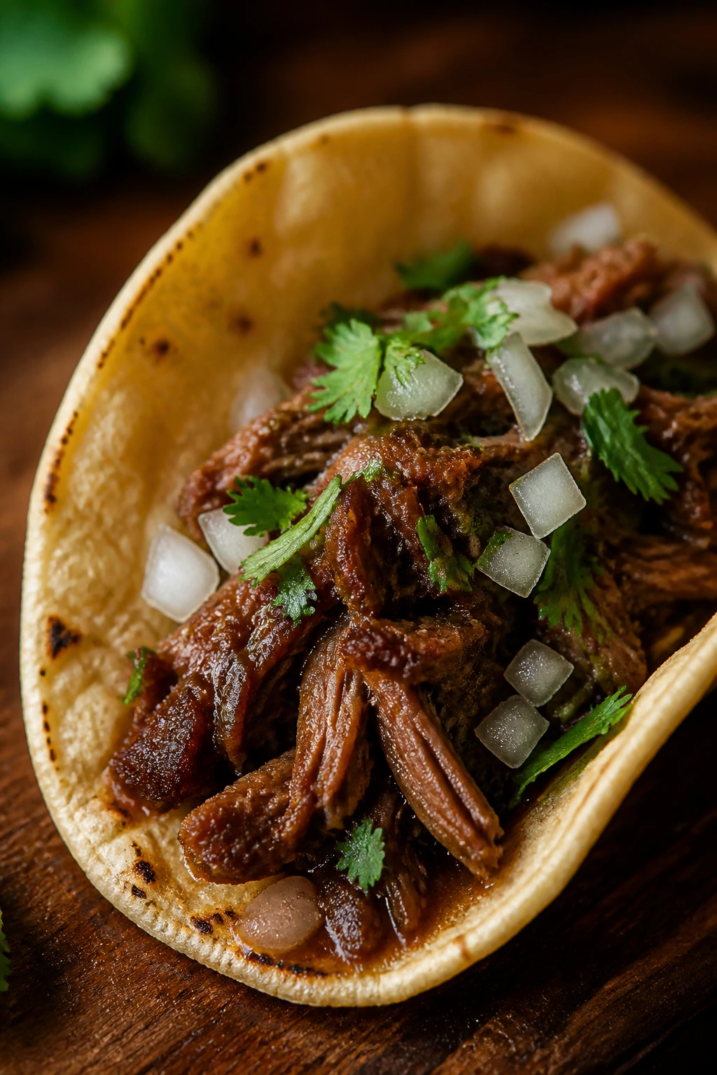 Close-up of slow-braised barbacoa taco