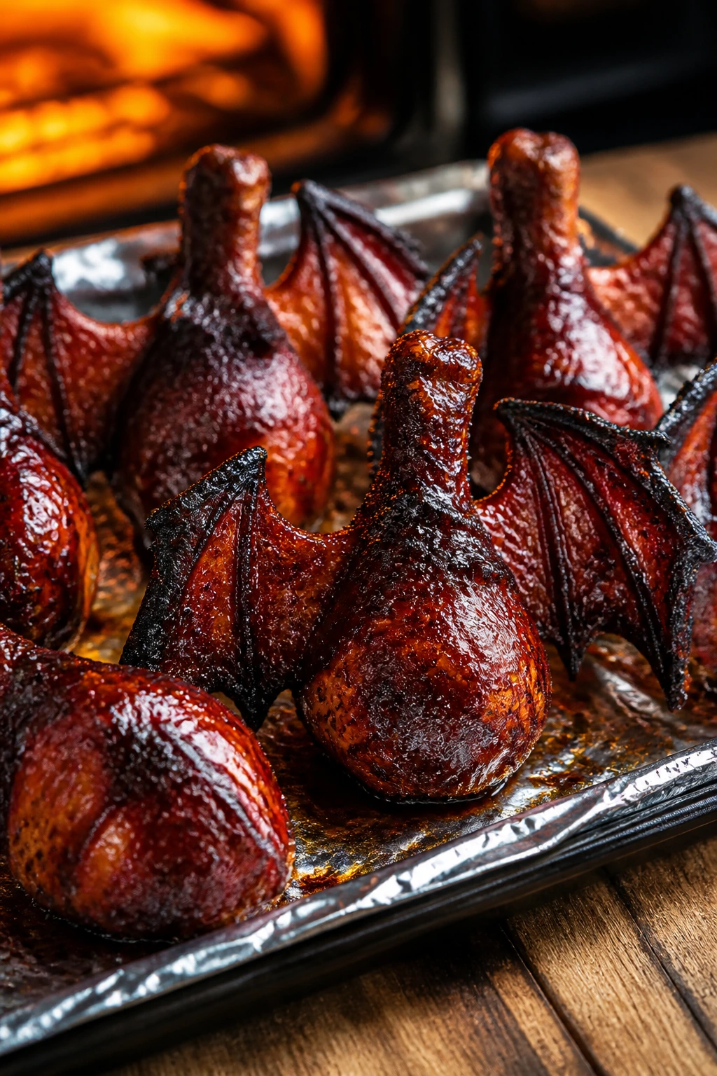 Close-up of glossy bat-wing style glazed chicken drumsticks on a foil sheet