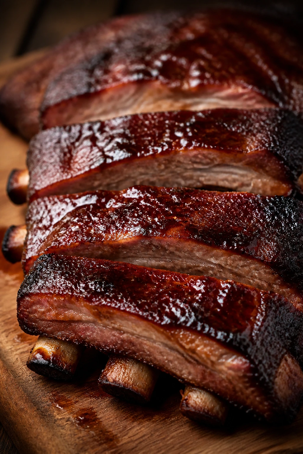 Sticky lacquered BBQ baby back ribs on a cutting board