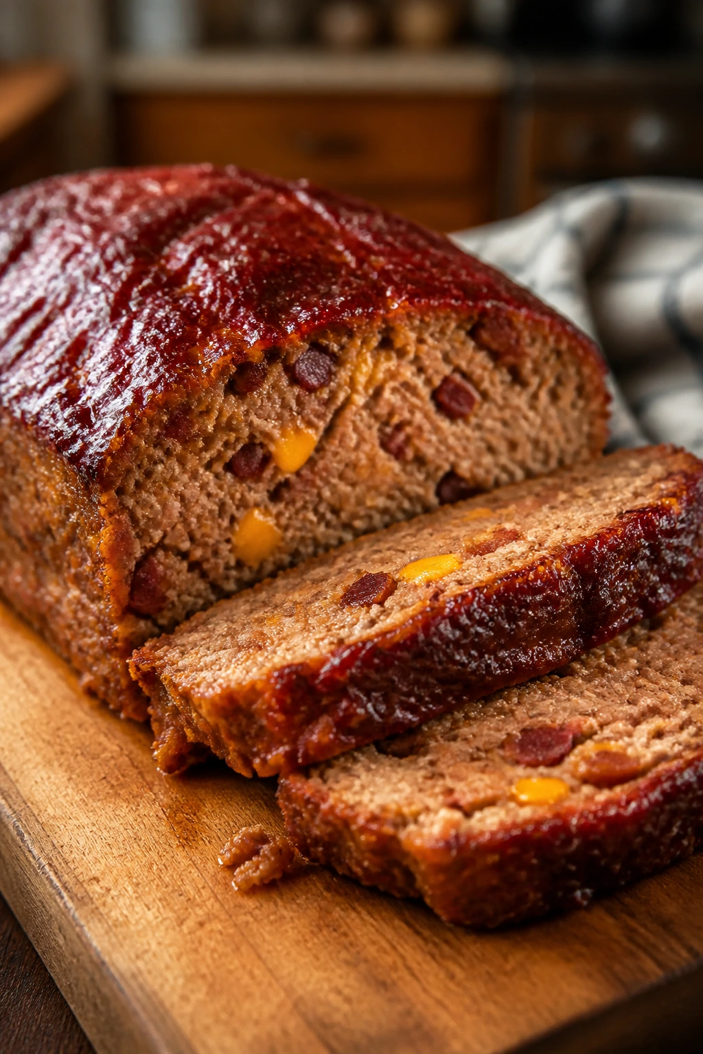 Close-up of BBQ bacon cheddar meatloaf with cheese and bacon atop