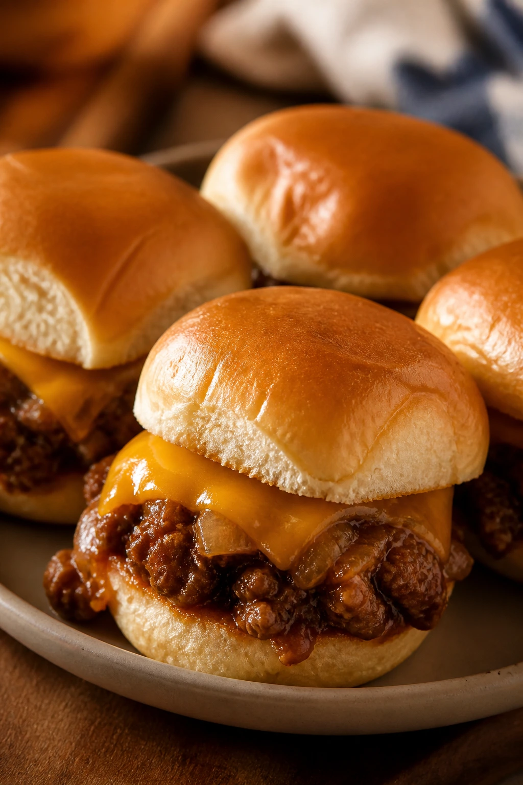 Beef sliders with cheddar on buns on a plate