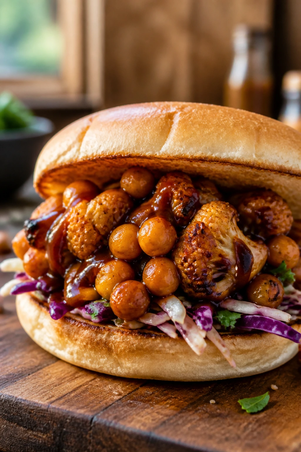 Close-up of BBQ cauliflower and chickpea sandwich half with barbecue sauce.