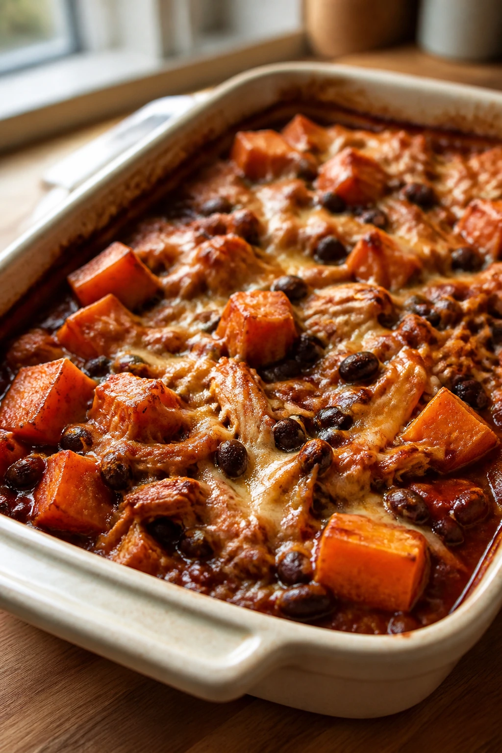 Close-up of BBQ chicken sweet potato bake in a casserole with BBQ sauce