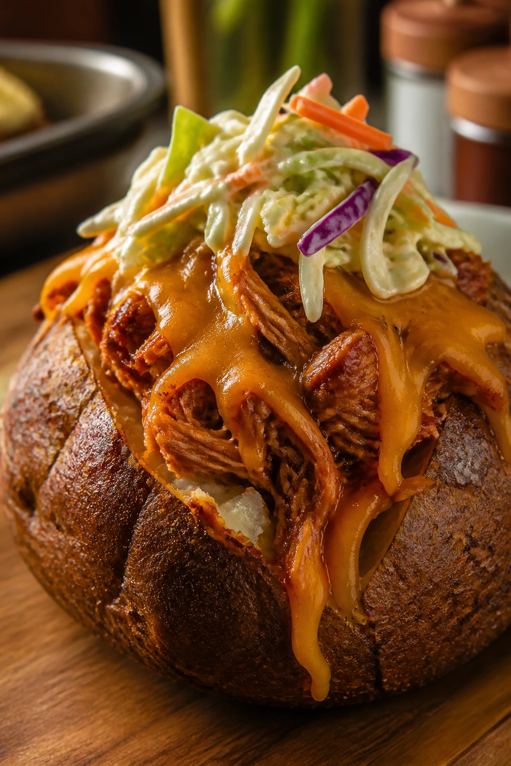 Baked potato topped with BBQ chicken and melted cheddar in a cozy kitchen.