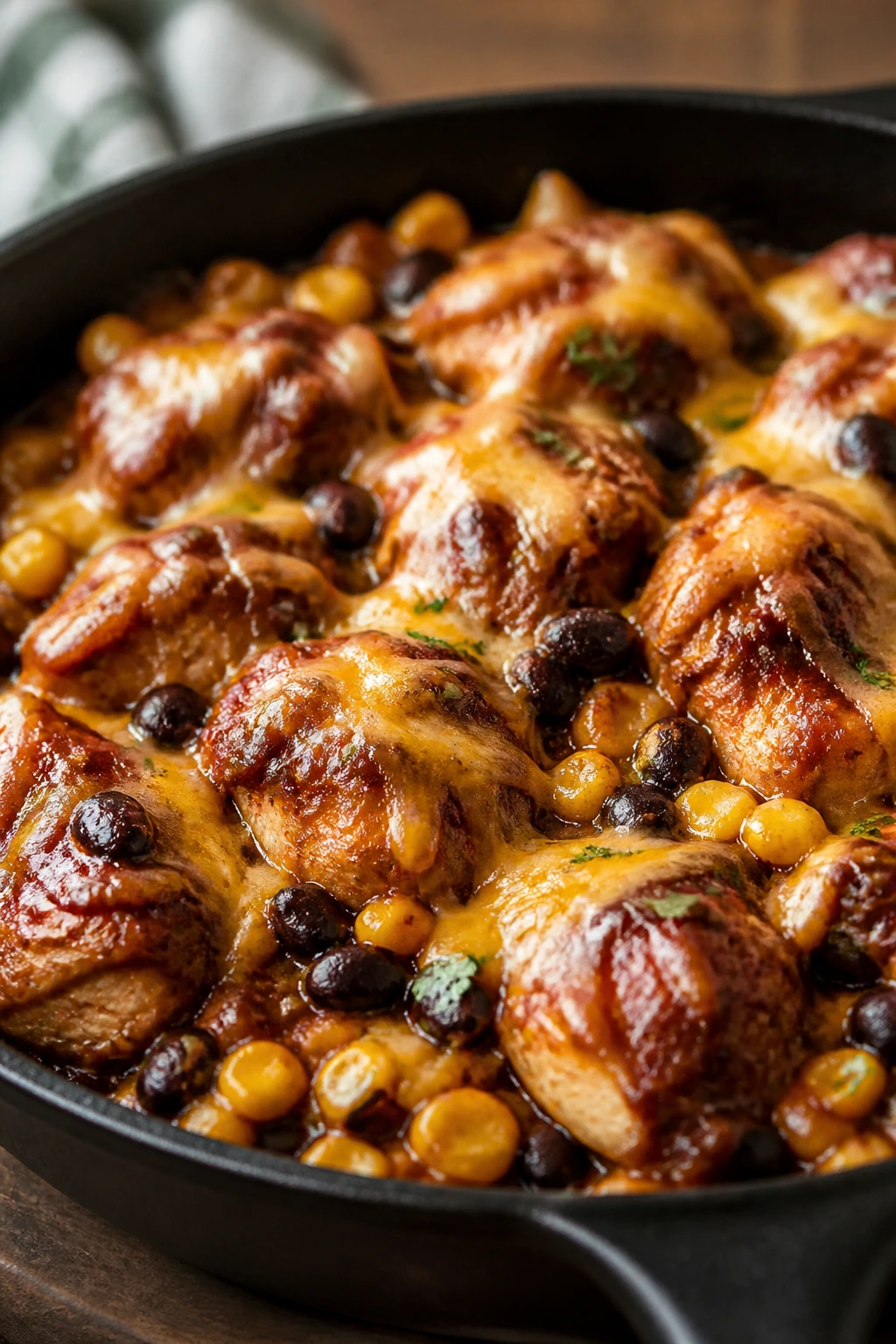 Skillet with BBQ chicken, corn, black beans, and melted cheddar