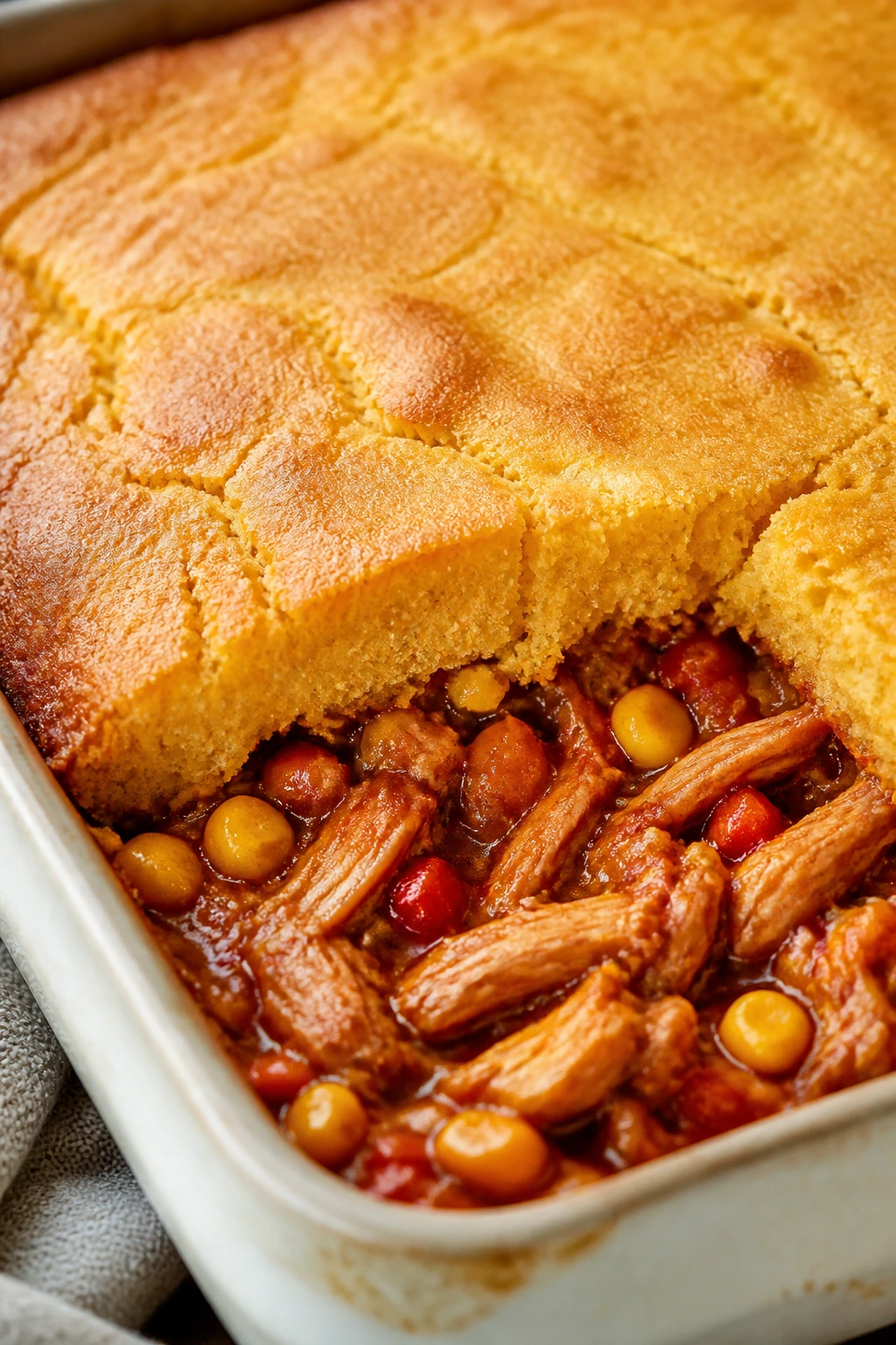 BBQ chicken cornbread casserole with a golden top