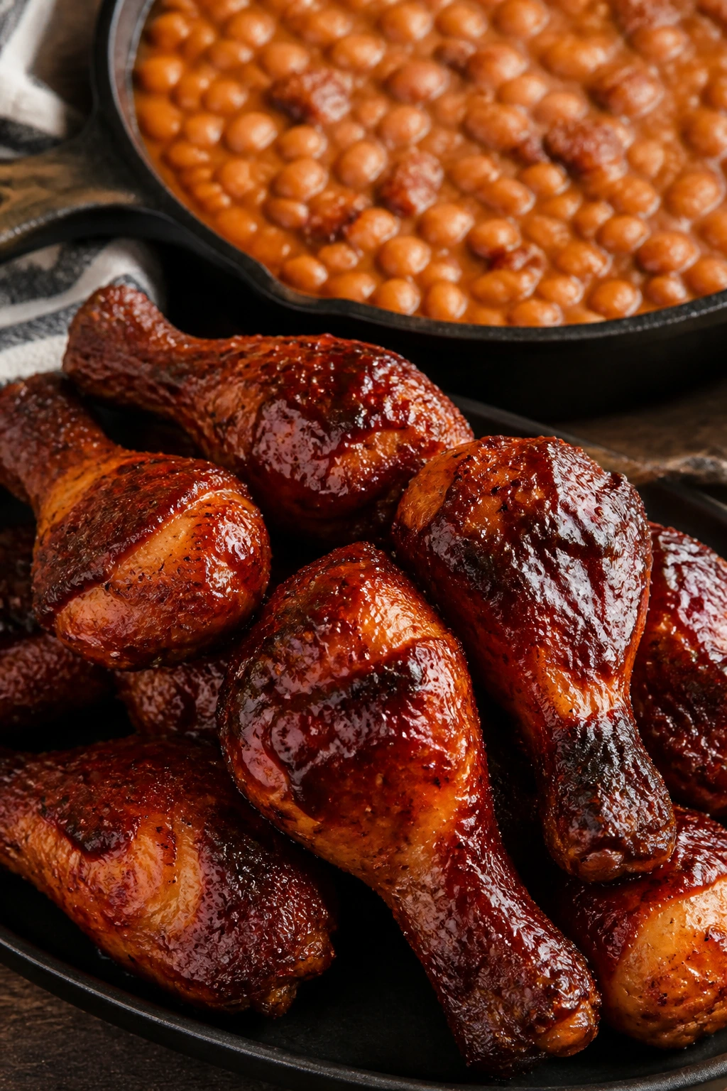Barbecue chicken drumsticks with baked beans