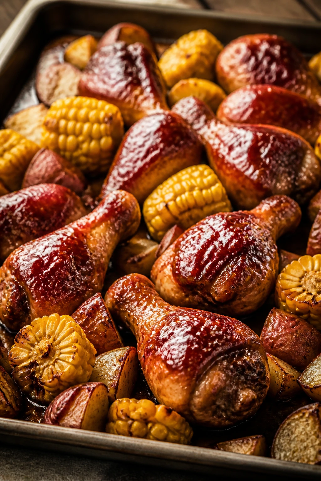 BBQ chicken drumsticks with corn and red potatoes on a sheet pan