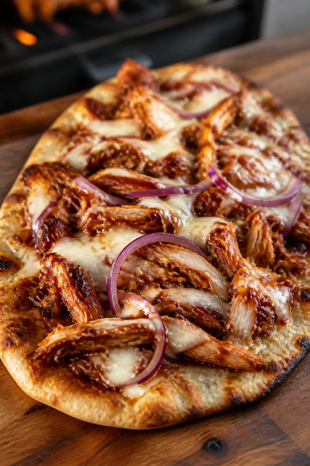 Close-up BBQ chicken flatbread with cheese on a wooden surface.