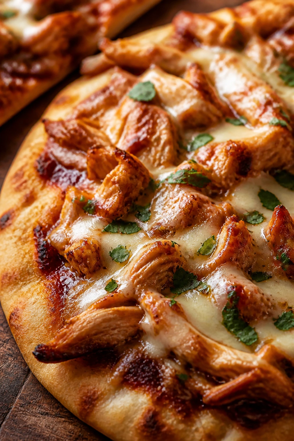 Close-up of BBQ chicken flatbread with cheese
