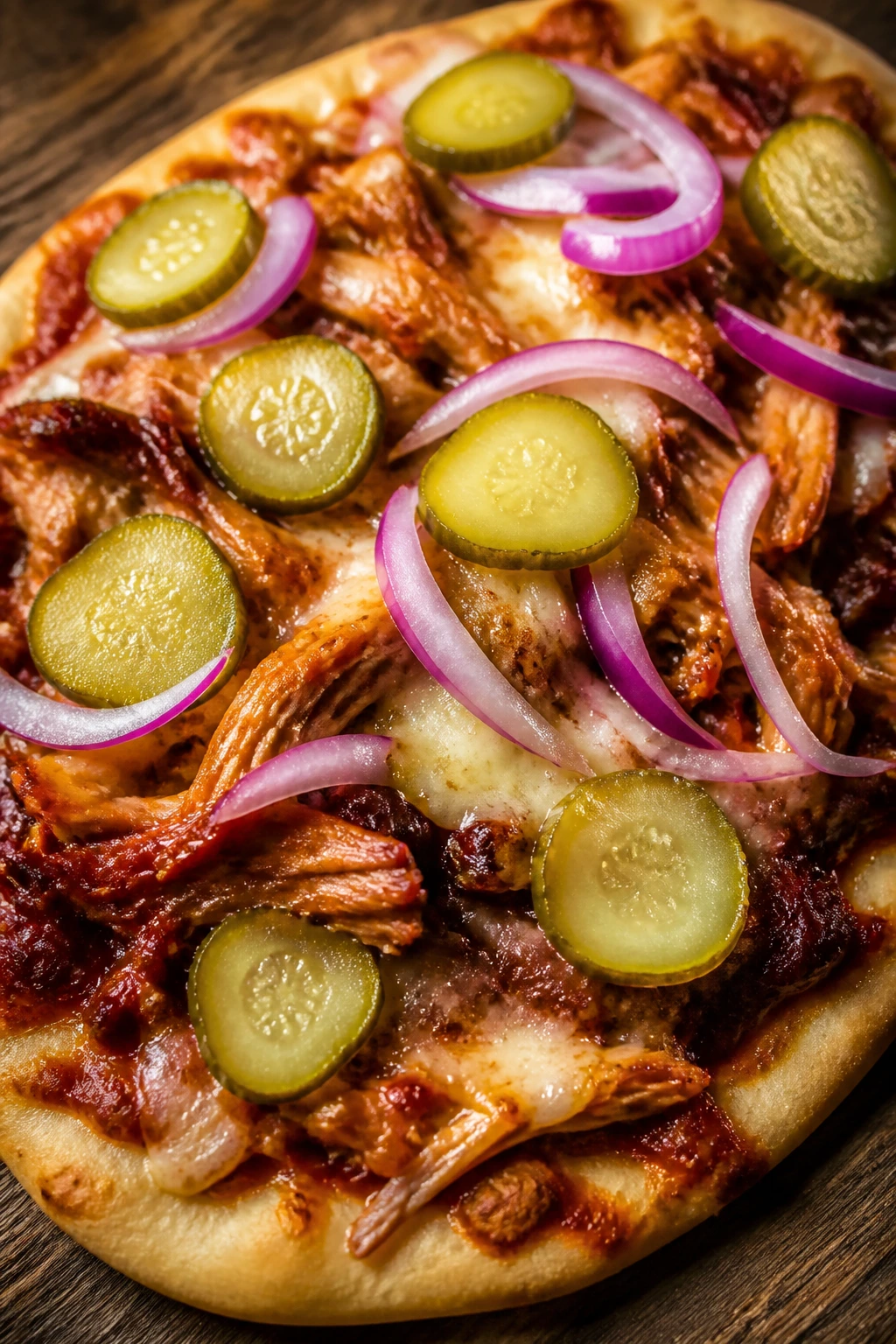 Close-up flatbread with BBQ chicken red onion and pickles on a wooden board