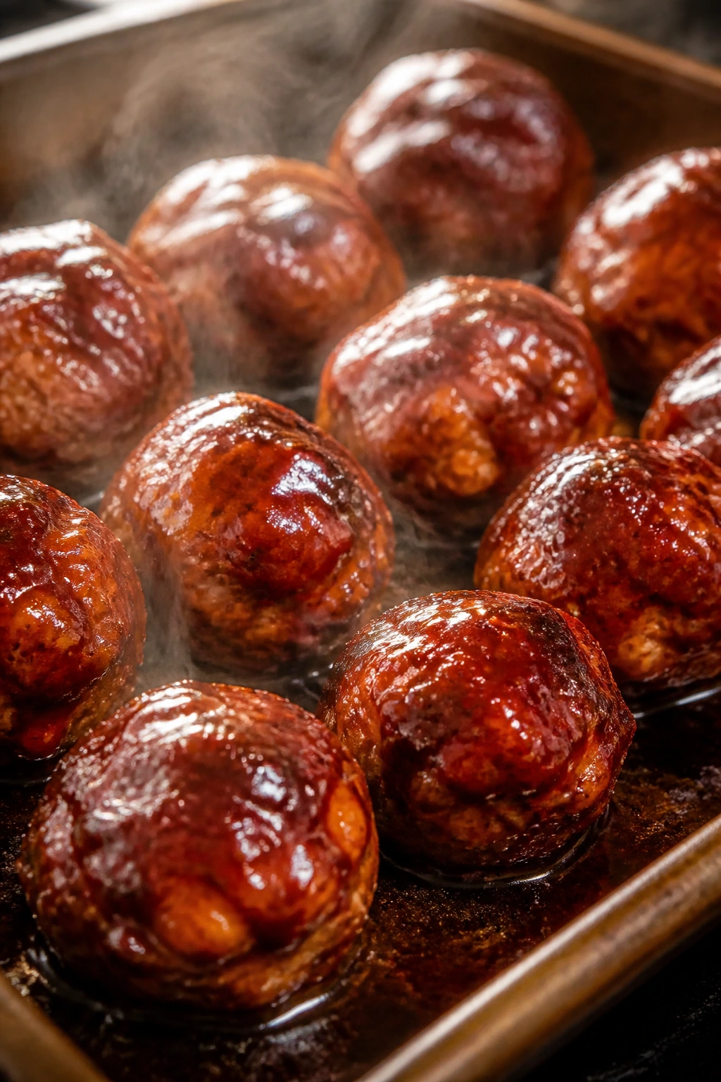 Glazed BBQ chicken meatballs on a baking sheet