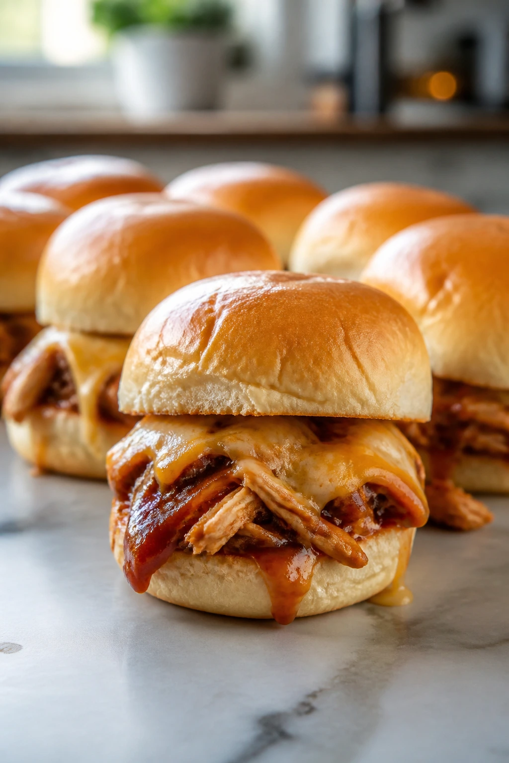 BBQ chicken sliders with melted cheese on soft buns