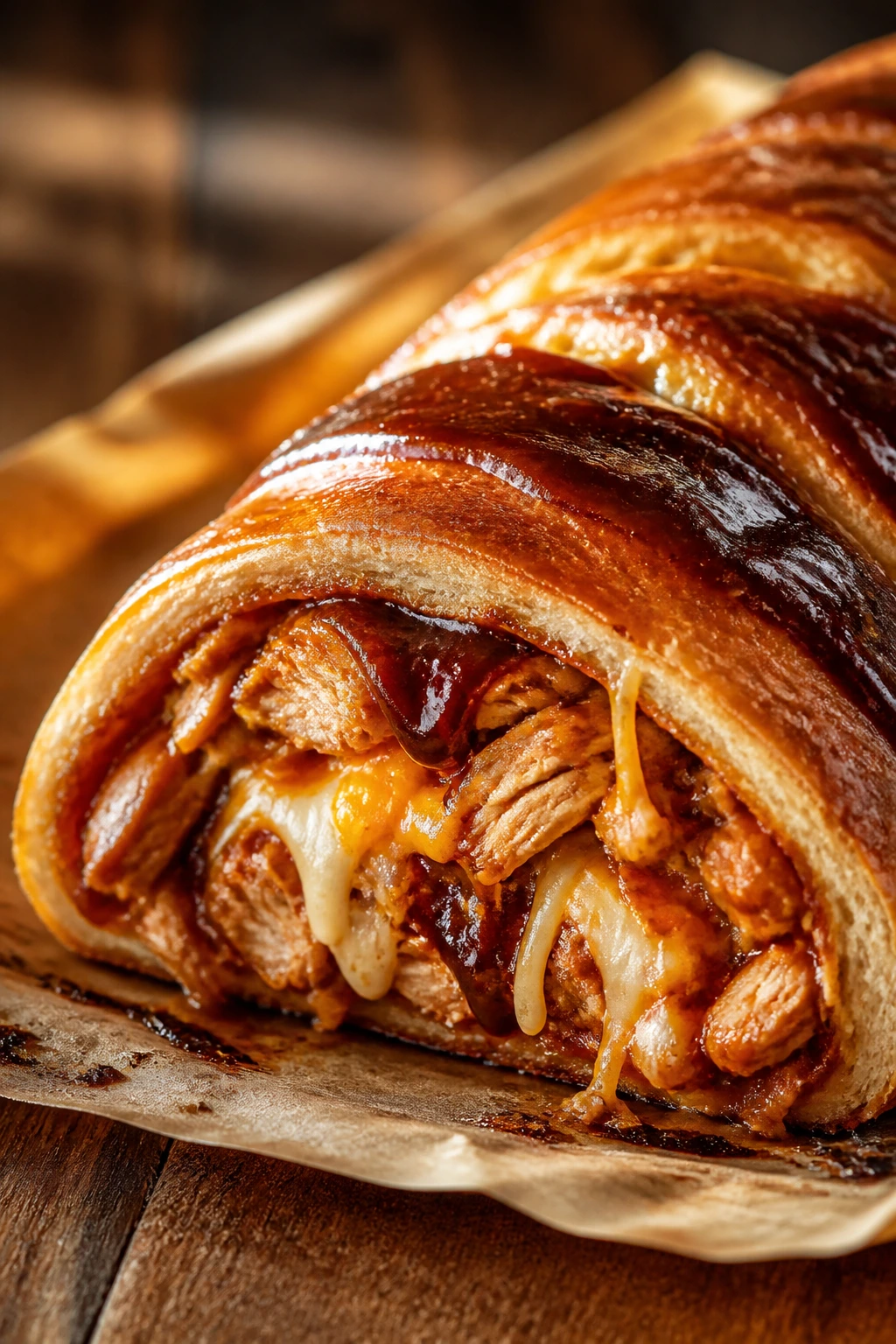 Barbecue chicken stromboli close-up with melted cheese