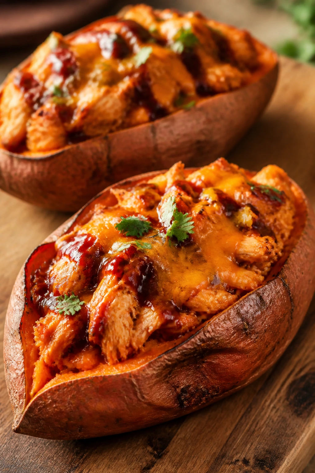 Stuffed sweet potatoes with BBQ chicken and cheese.