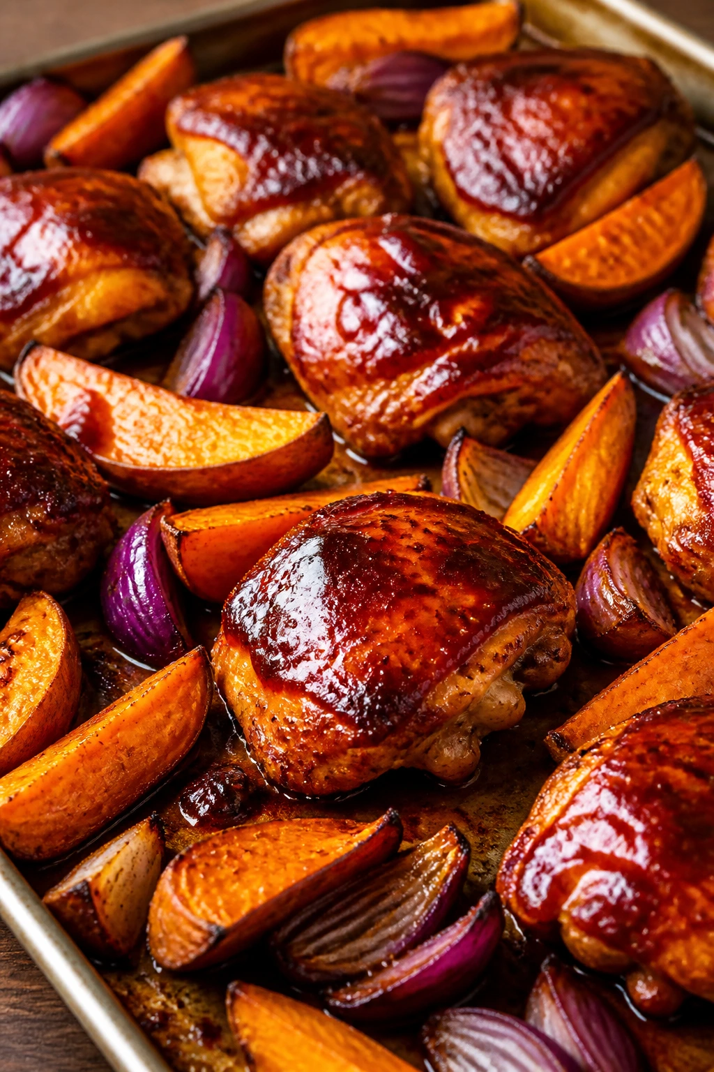 BBQ chicken with sweet potatoes and red onions on a sheet pan