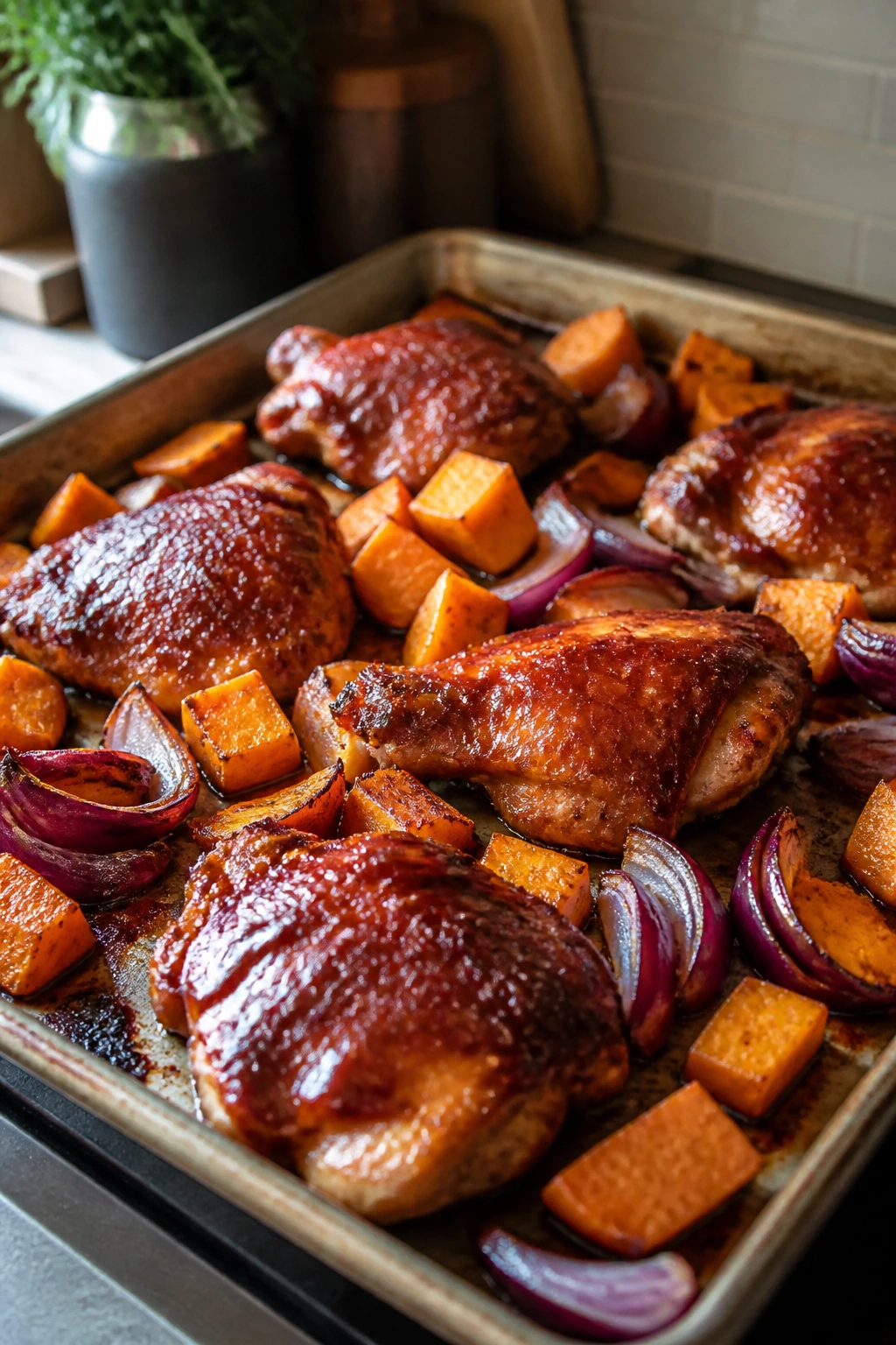 Close-up of BBQ Chicken with Sweet Potatoes and Red Onion on a sheet-pan roast in a cozy kitchen.