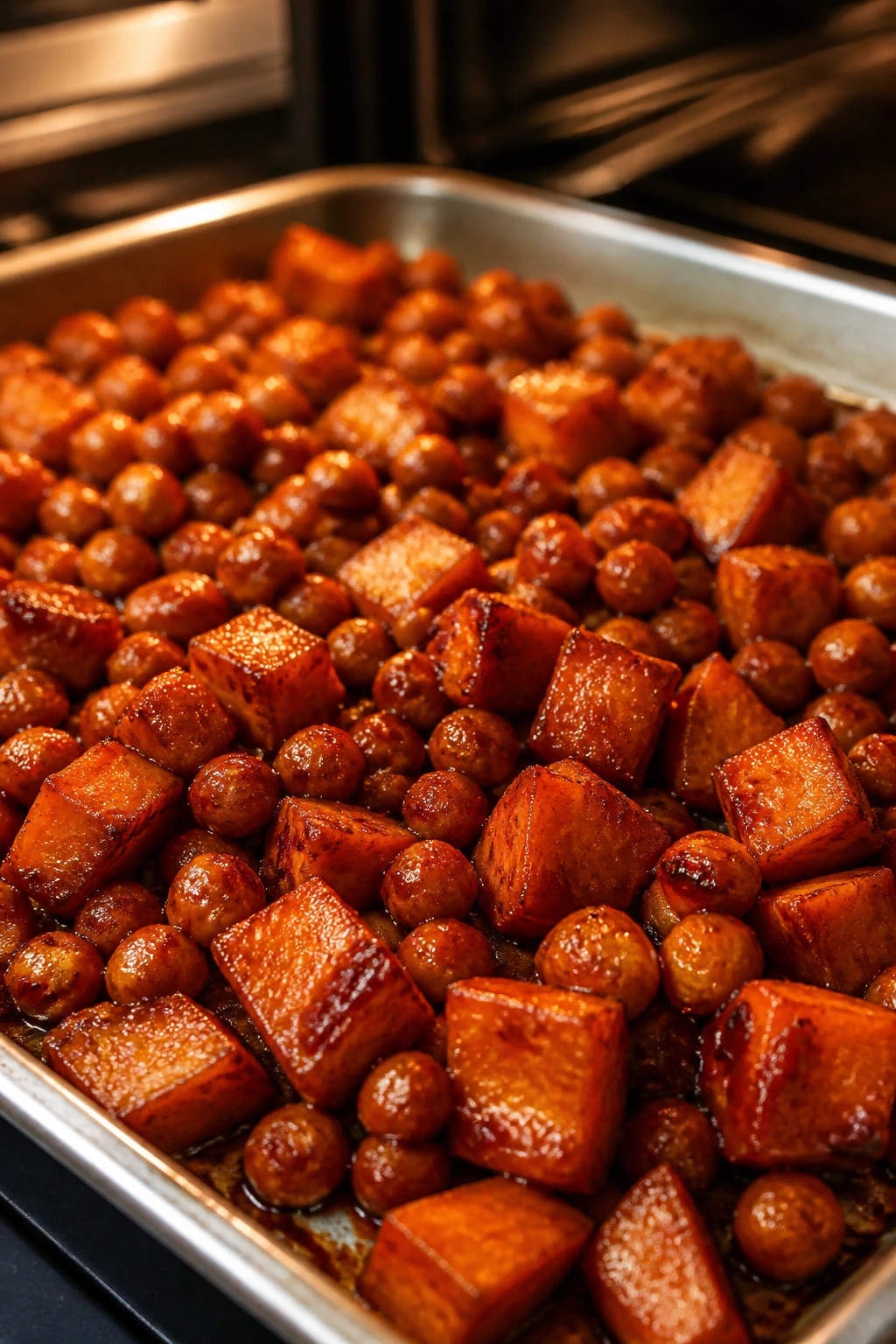 Close-up of chickpeas and sweet potatoes on a BBQ glaze tray bake