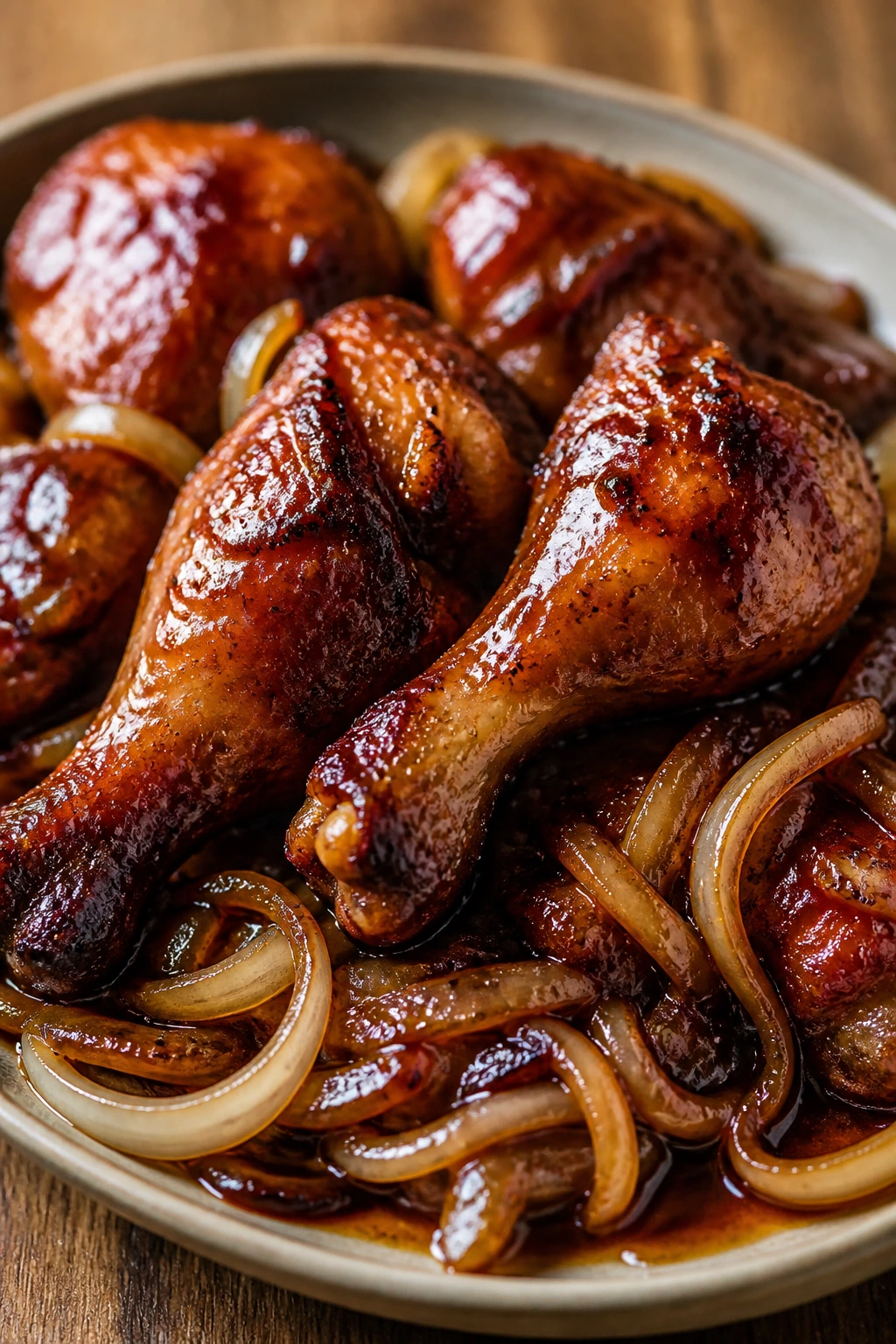 Close-up of BBQ drumsticks with onions on a plate in a warm kitchen.