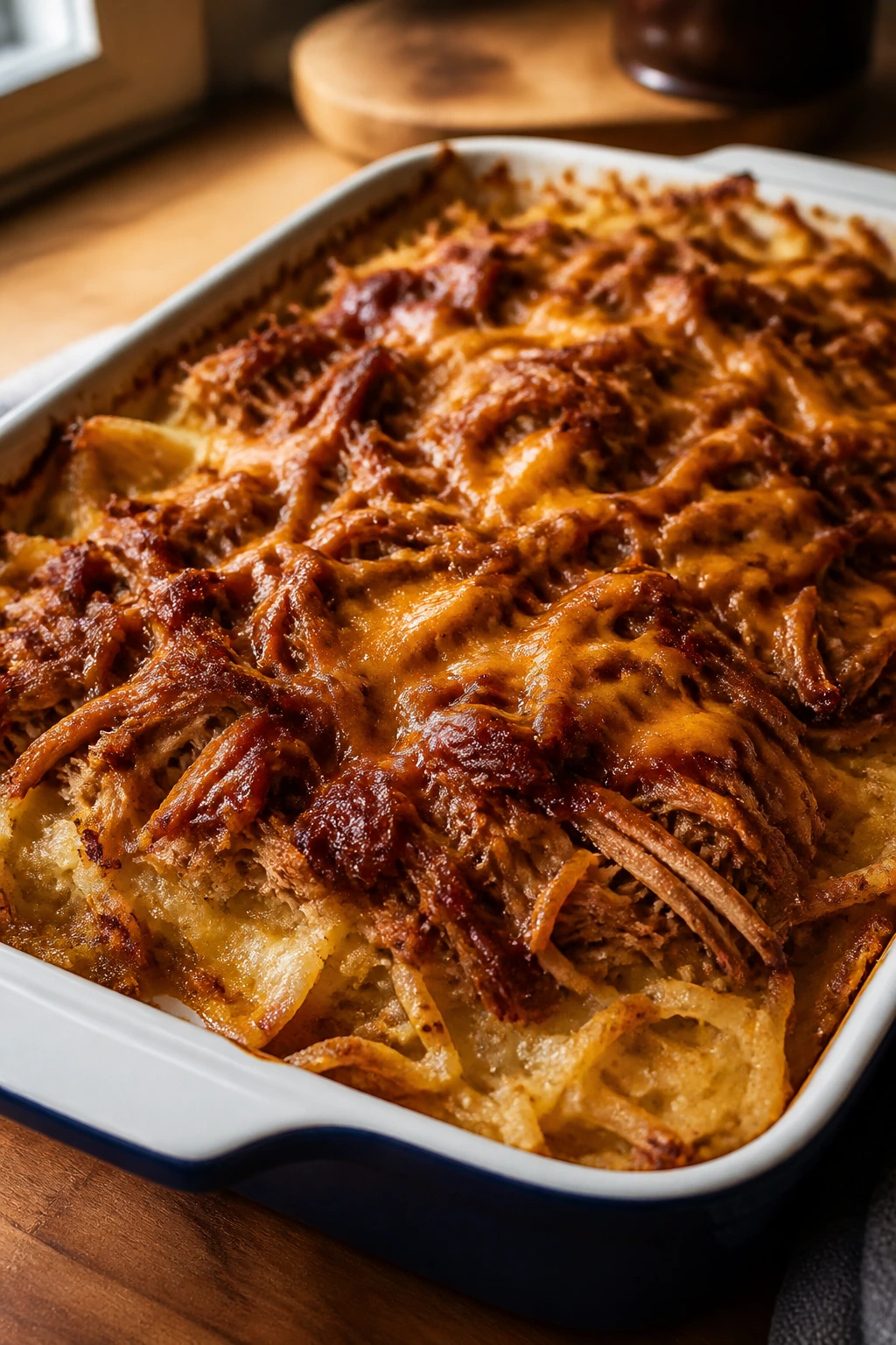 Close-up of BBQ pulled pork hashbrown casserole with cheddar topping