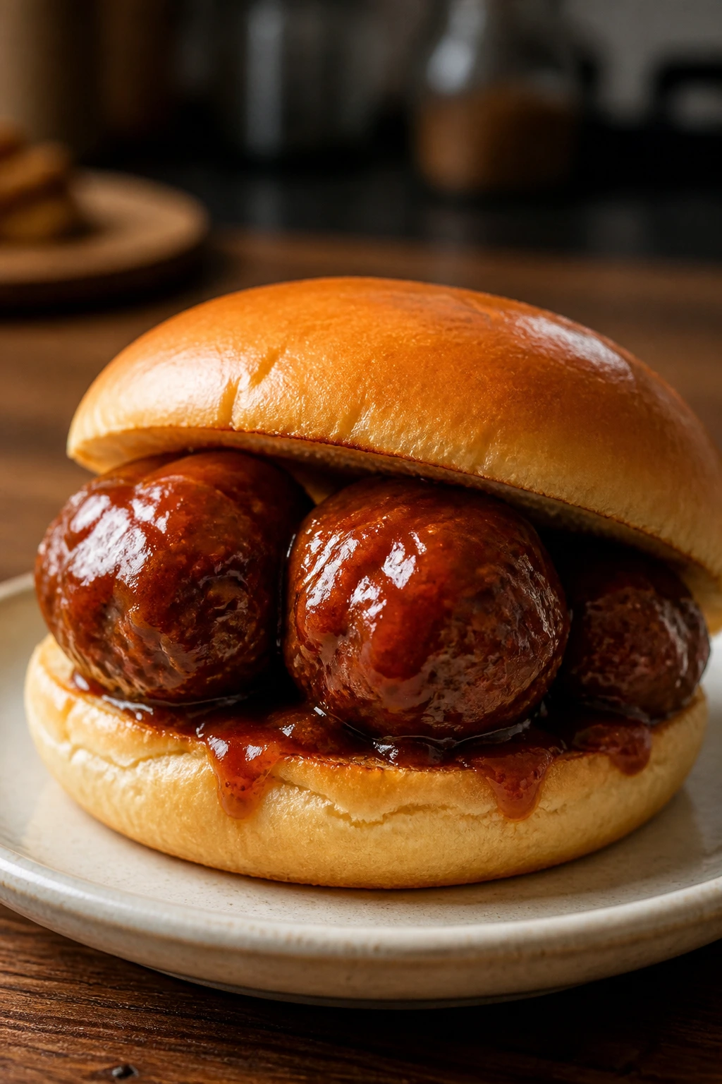 Close-up of a juicy BBQ meatball sandwich with a glossy glaze on a plate.
