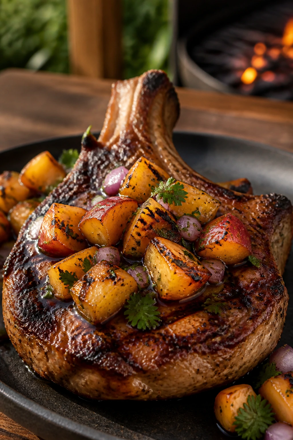 Close-up pork chop with peach salsa on wooden board outdoors