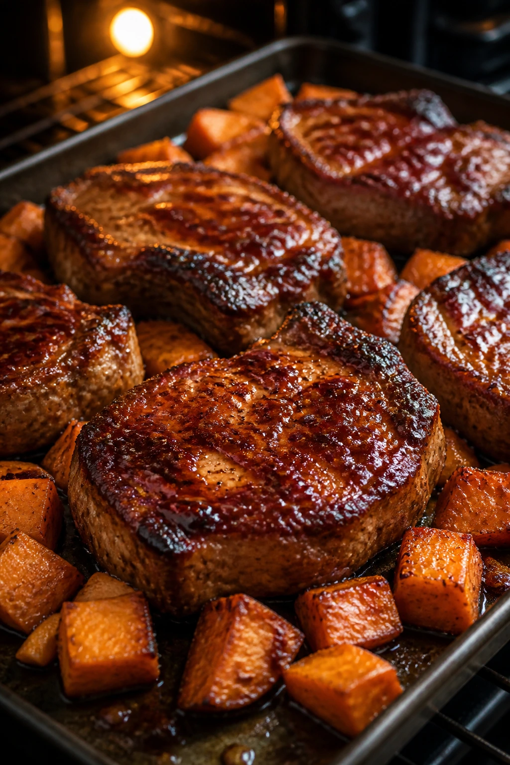 Close-up of BBQ-glazed pork chops with roasted sweet potatoes on a sheet pan