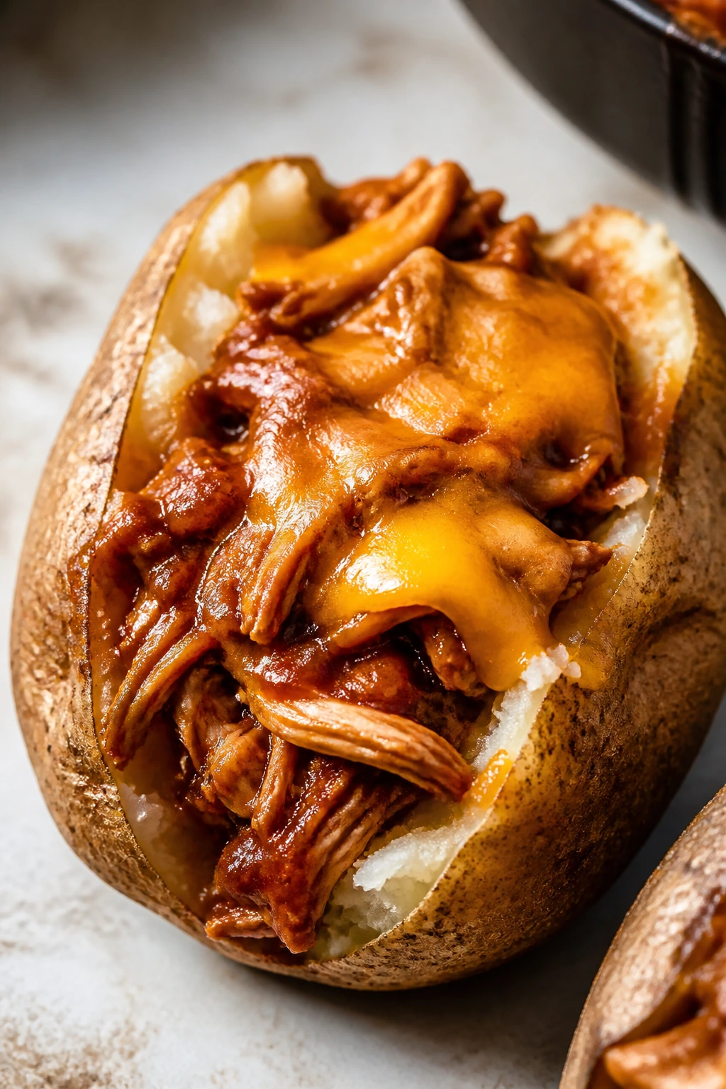 Close-up of a loaded baked potato with BBQ pulled chicken and cheese