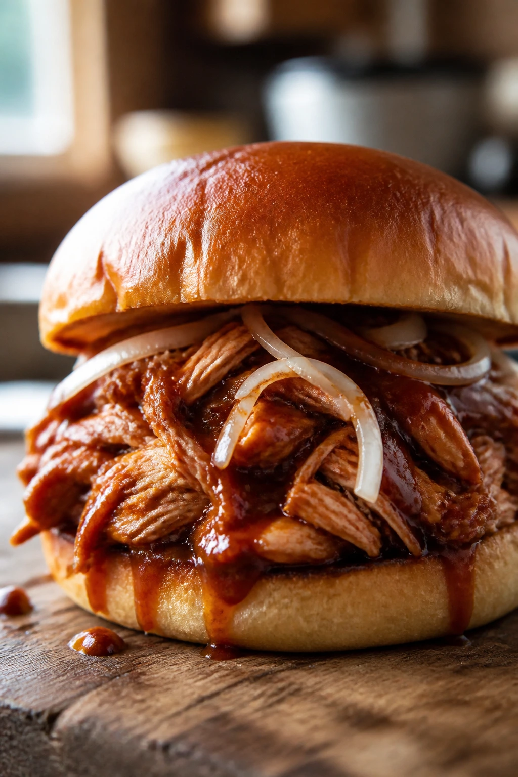Close-up of a BBQ pulled chicken sandwich on a toasted bun with sauce