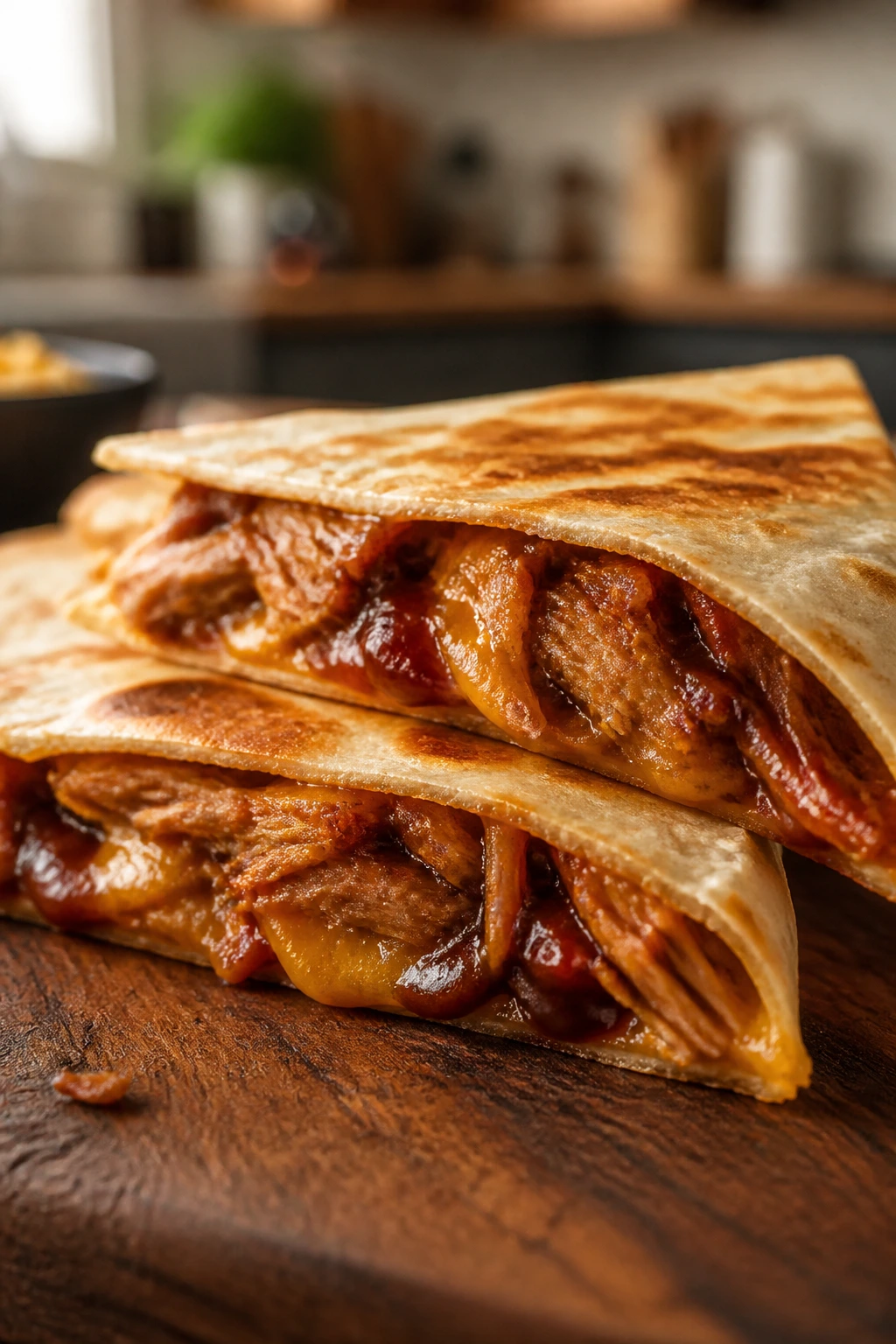 Pulled pork quesadilla wedge with BBQ glaze and cheddar on rustic board