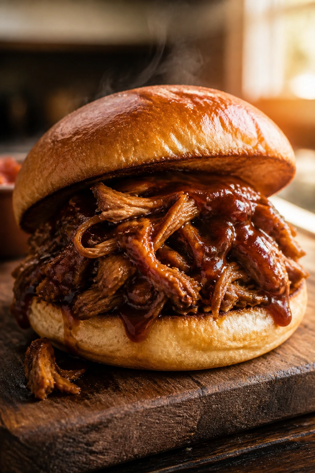 Close-up of BBQ pulled pork sandwich on wooden board in a warm kitchen