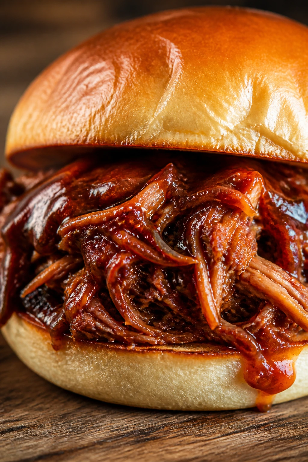 Close-up of a BBQ pulled pork sandwich on a wooden surface