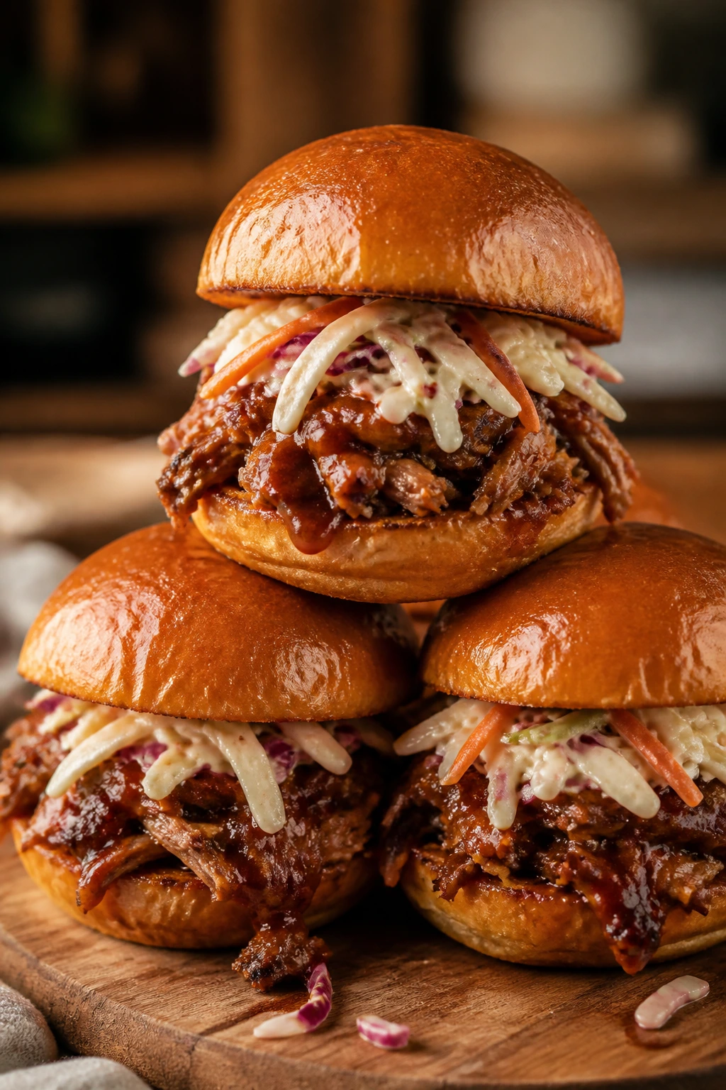 Close-up of BBQ pulled pork sliders with slaw on a wooden board.