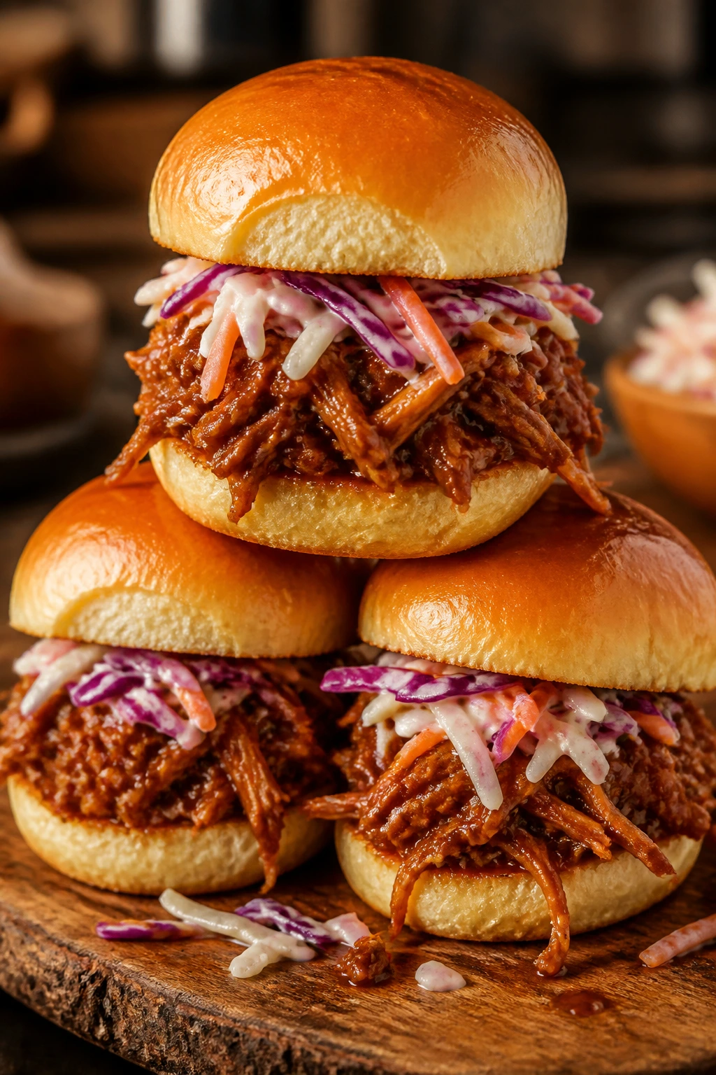 Pulled pork sliders with slaw on a wooden board