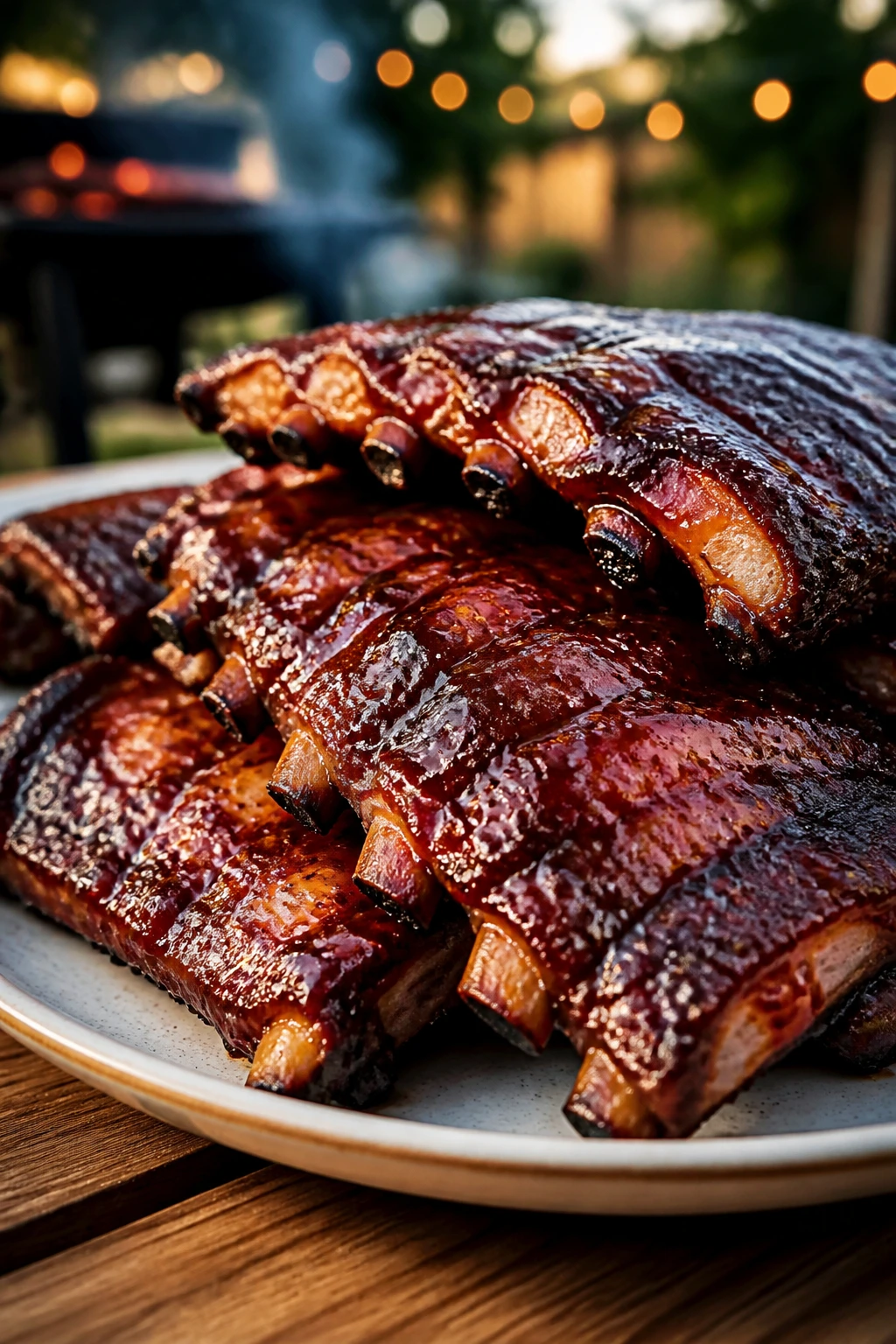 Glossy sticky BBQ baby back ribs on a plate outdoors
