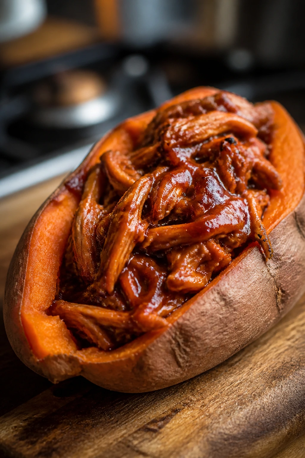 Close-up of BBQ chicken stuffed sweet potatoes on a rustic board