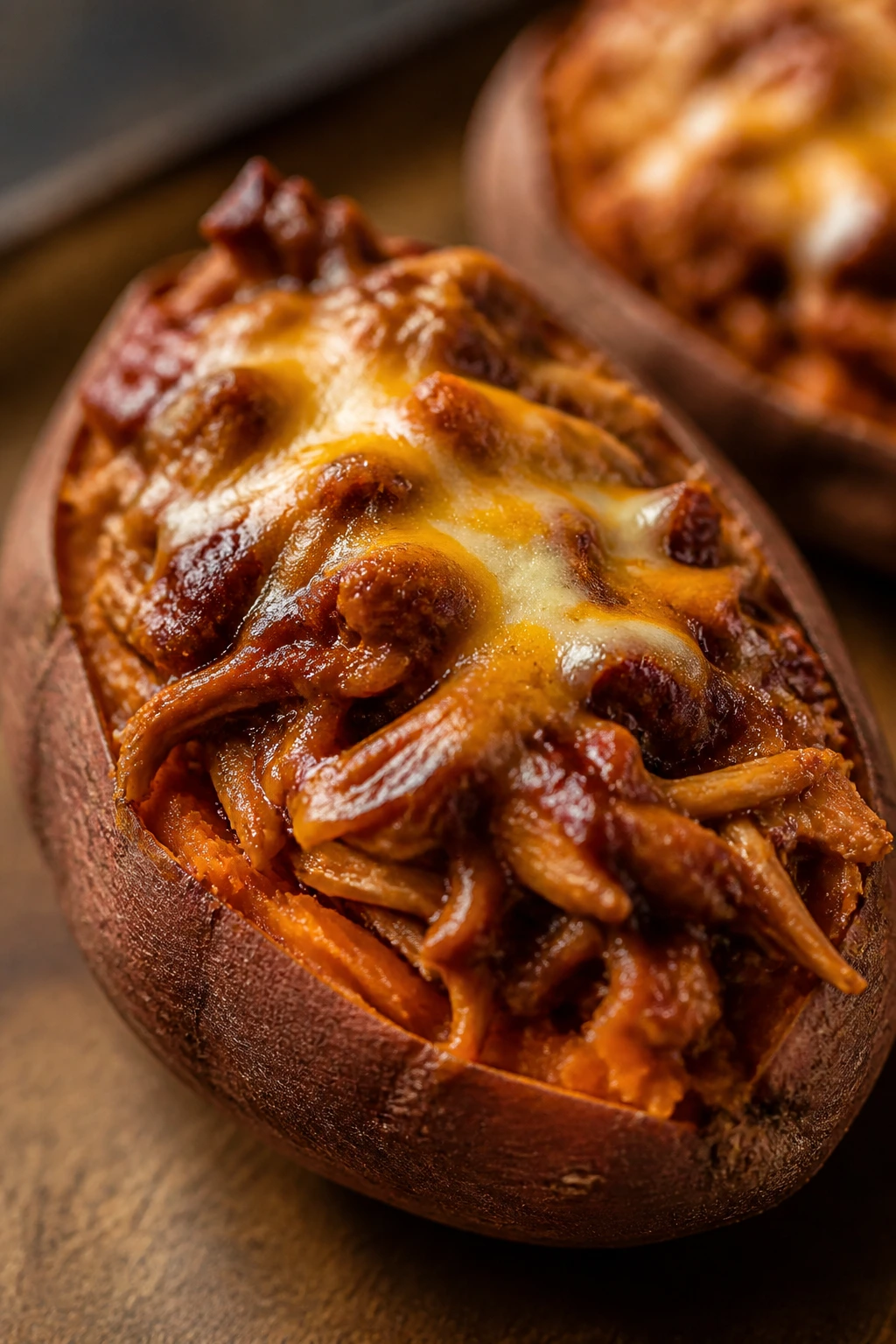 Close-up of BBQ chicken stuffed sweet potatoes with melted cheese