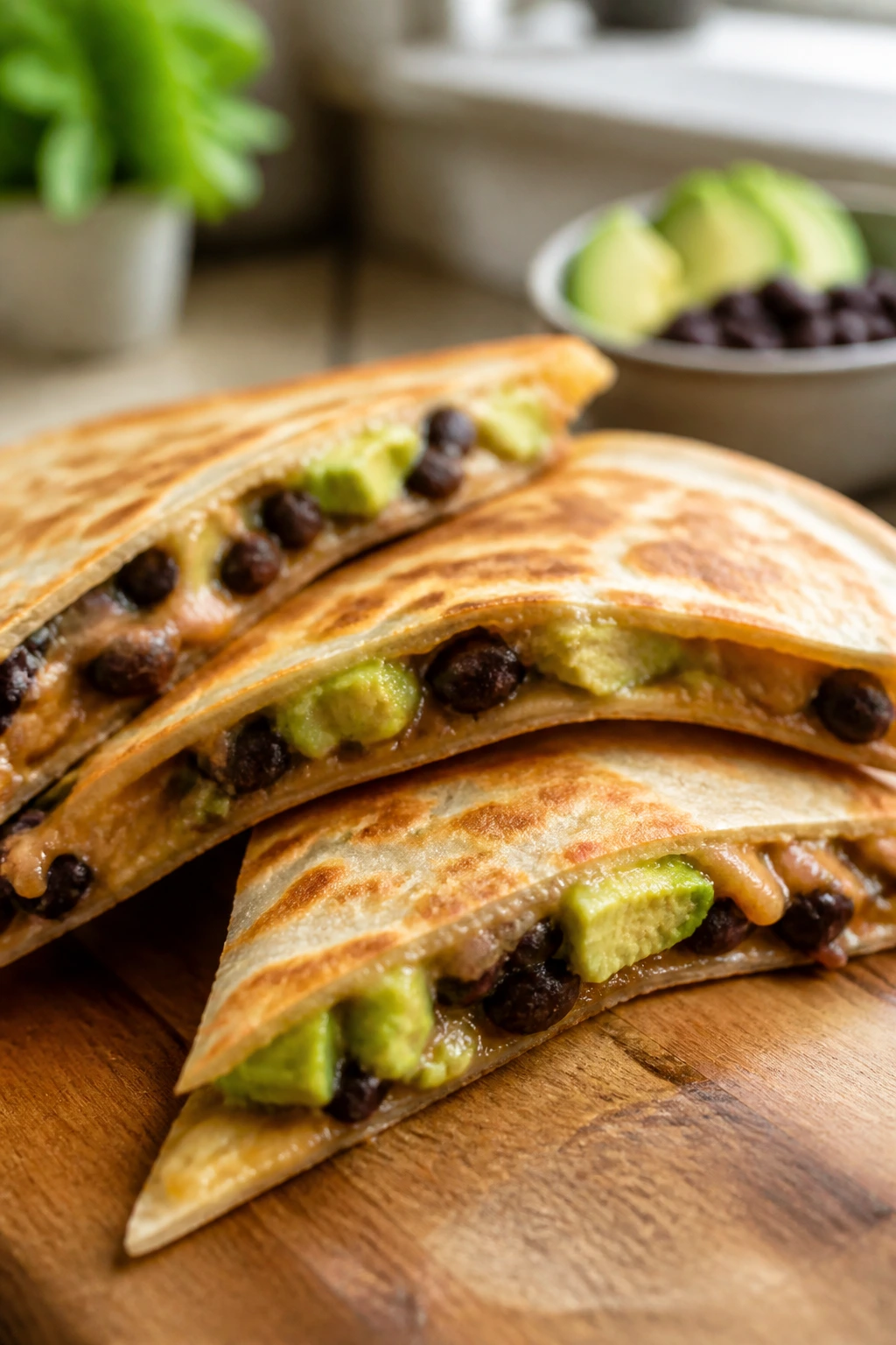 Close-up of golden bean and avocado quesadilla wedges on a wooden board
