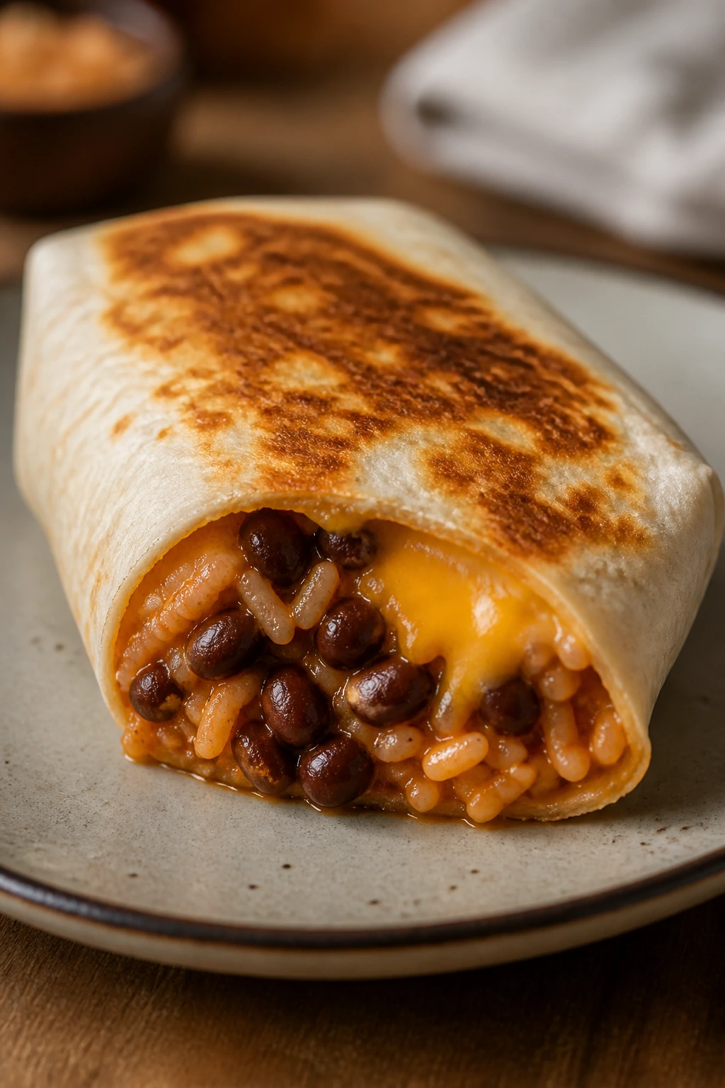 Cheesy bean burrito on plate with melted cheese and visible beans and rice