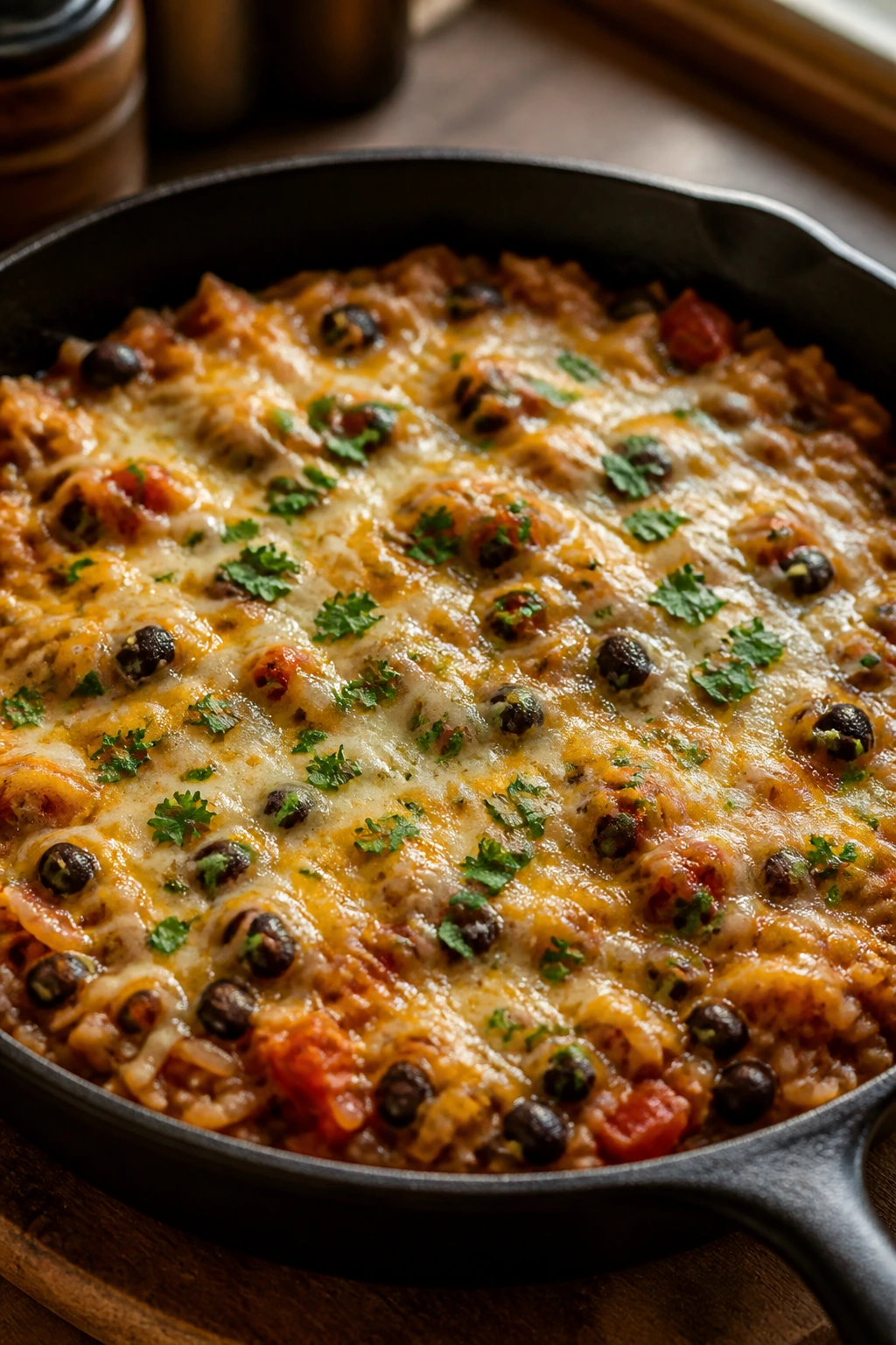 Skillet with beans, rice, salsa, and melted cheese ready to serve