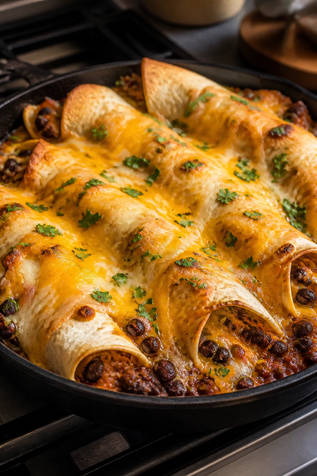 Close-up of bean and cheese burrito skillet