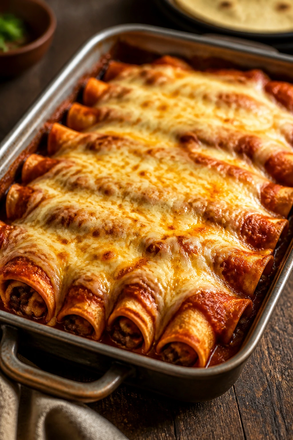 Pan of bean and cheese enchiladas with red sauce