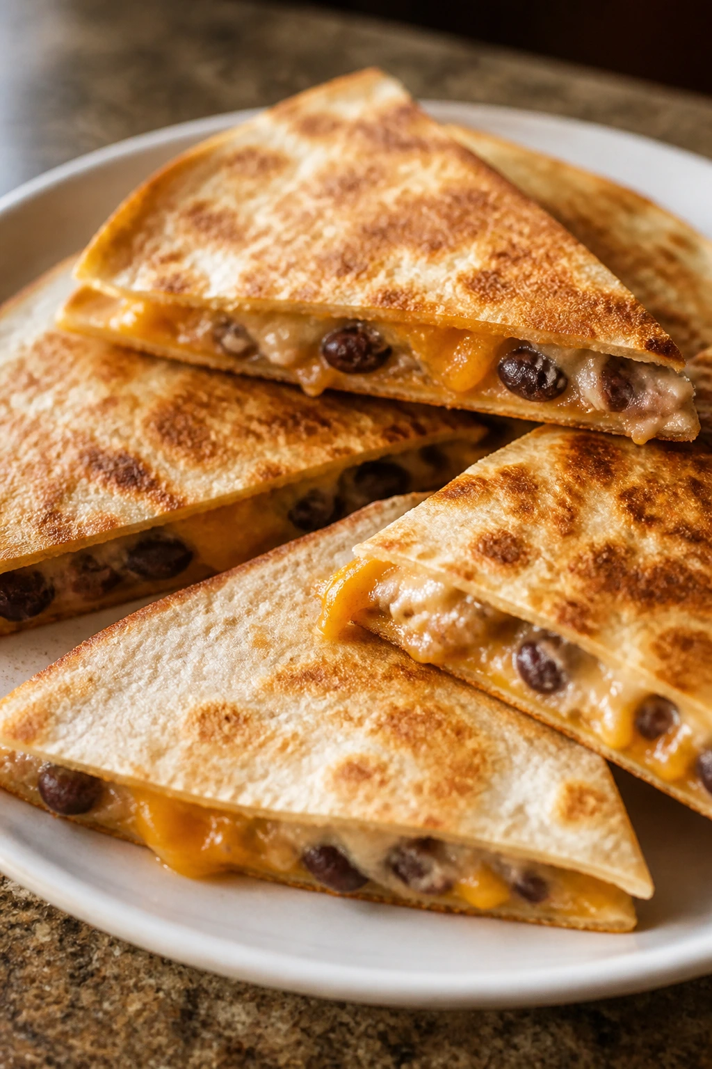 Close-up of crisp bean and cheese quesadilla wedges on a plate.