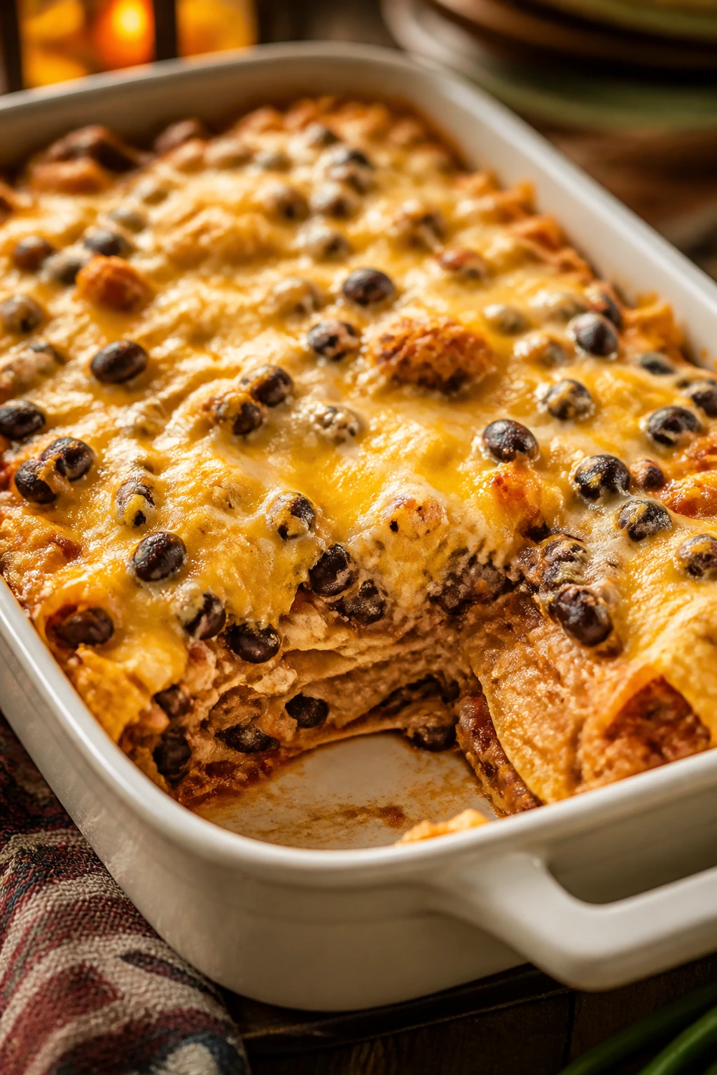 Bean and Cheese Enchilada Casserole in baking dish with melted cheese