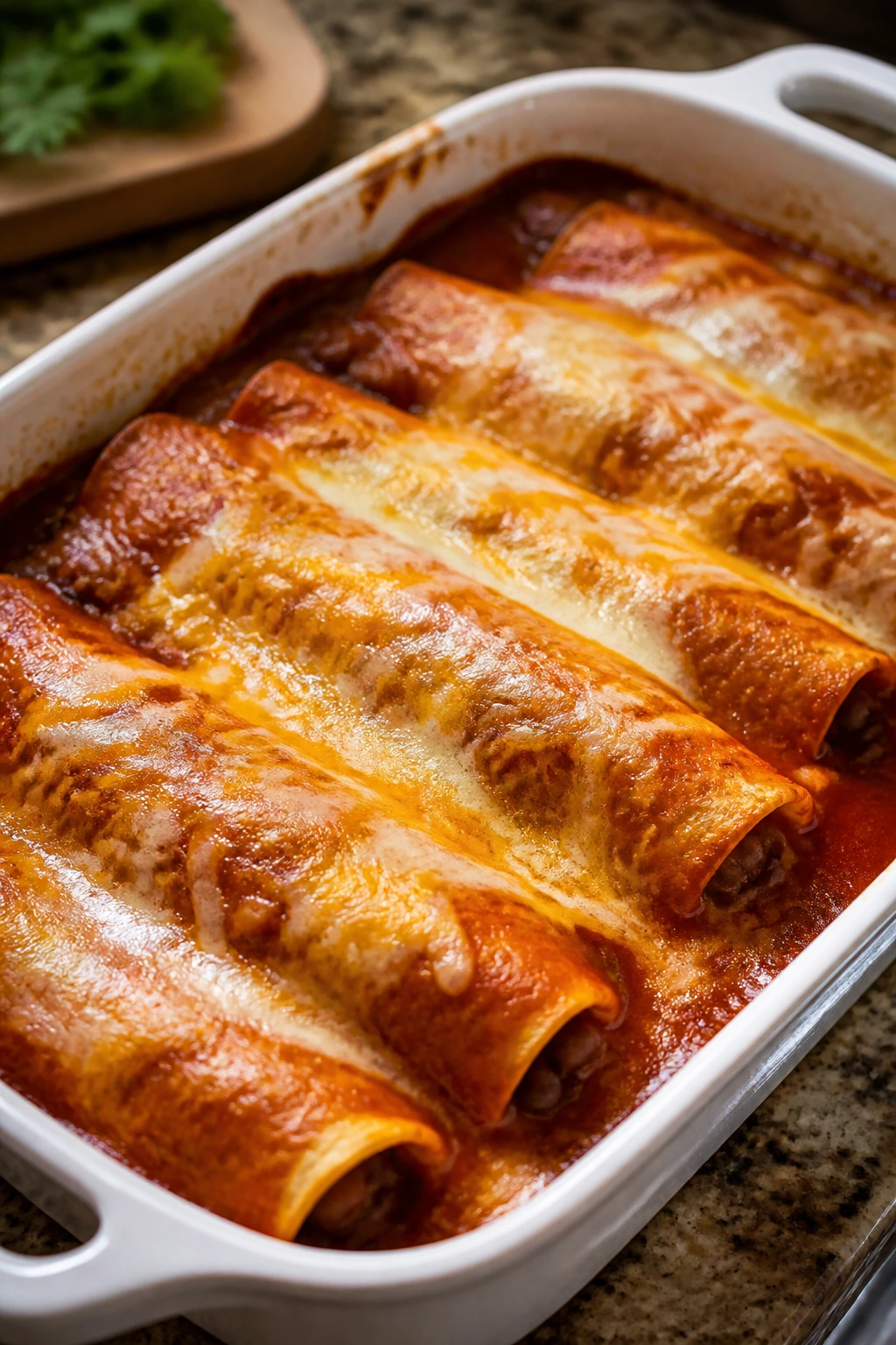 Close-up of bean enchiladas in a baking dish with melted cheese and sauce.