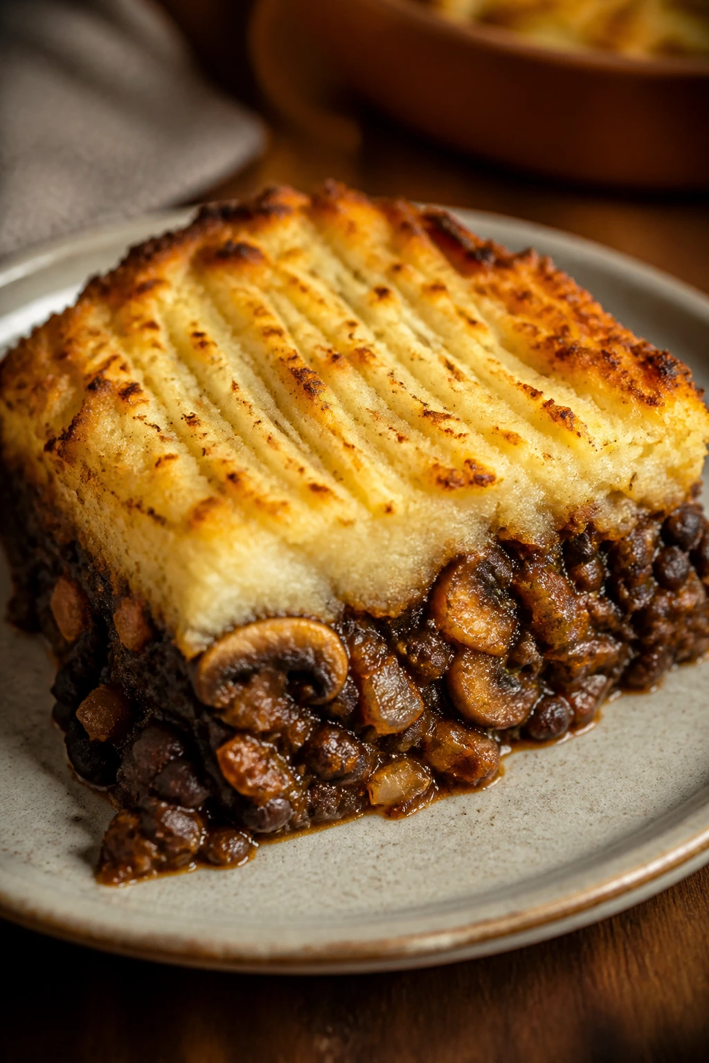 Slice of black bean and mushroom shepherd’s pie showing potatoes and filling
