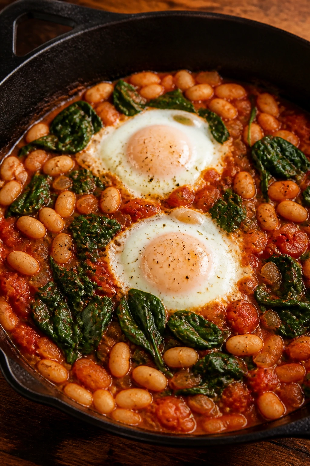 Skillet of tomato-braised beans with eggs and greens